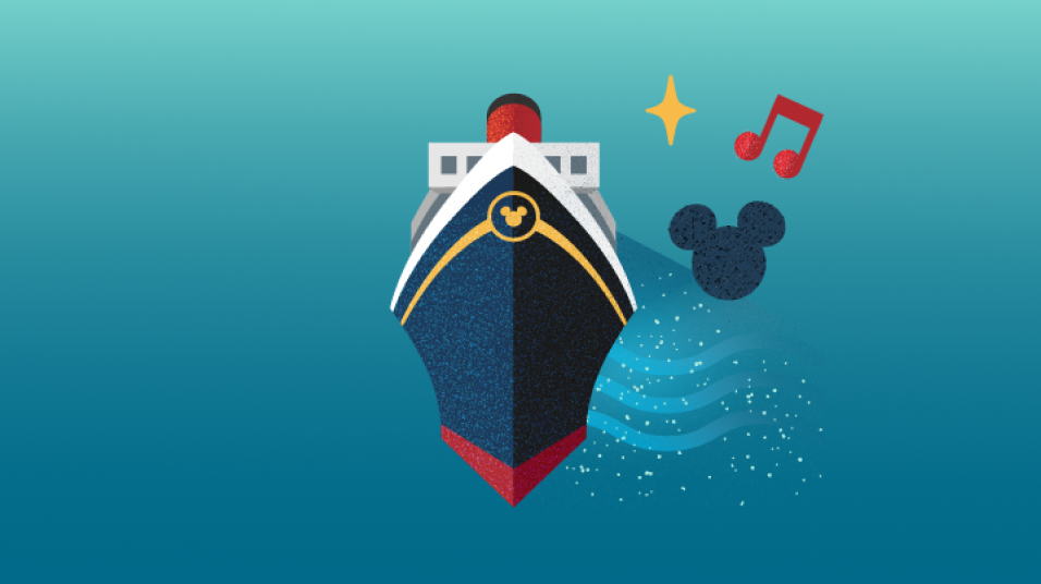 An illustration of a Disney cruise ship with music notes and a Mickey icon indicating what’s included on a cruise
