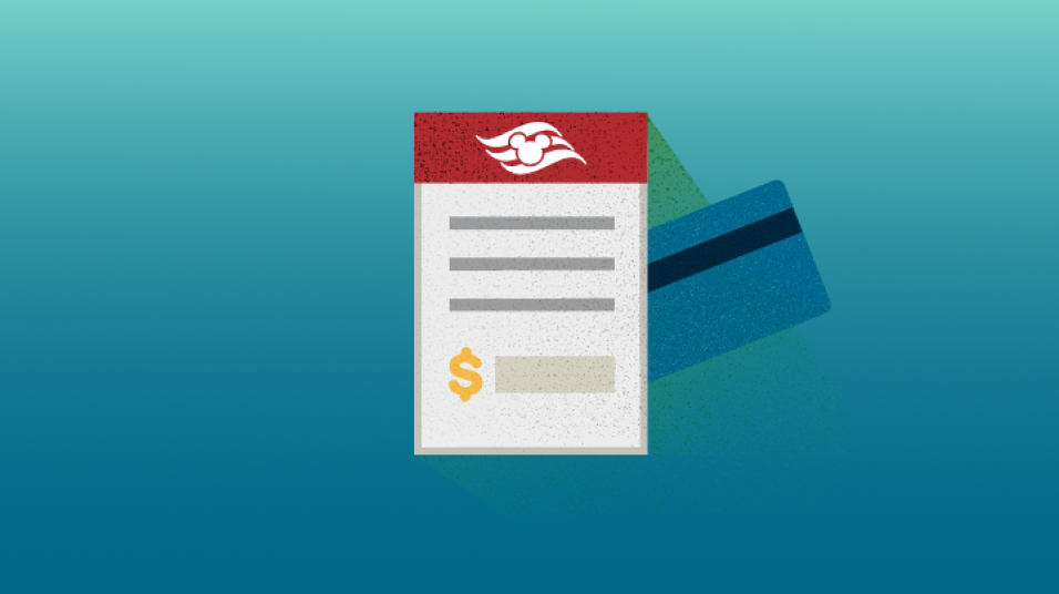 An illustration of a bill with the Disney Cruise Line logo and a credit card indicating a Guest’s cruise account