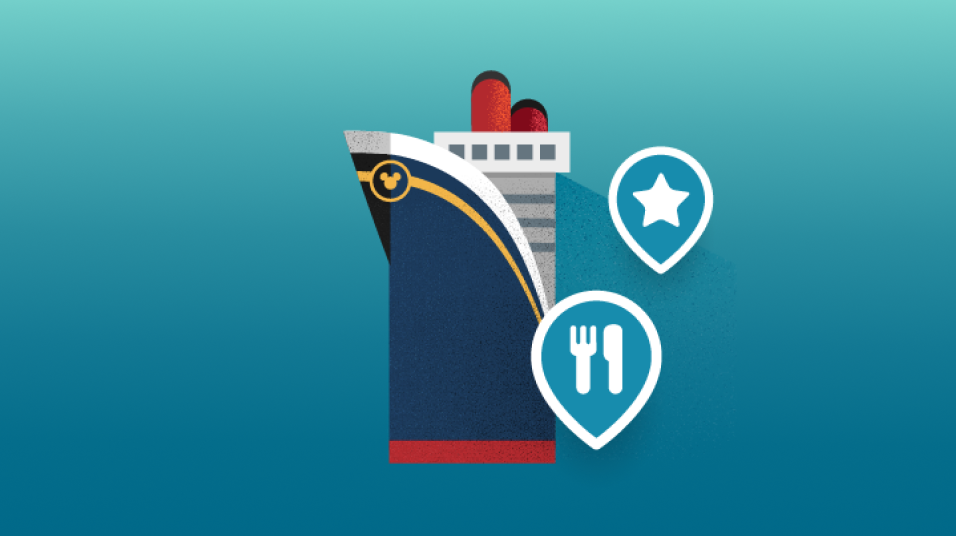 An illustration of a Disney cruise ship with icons of dining and entertainment indicating exploring Disney cruise ships