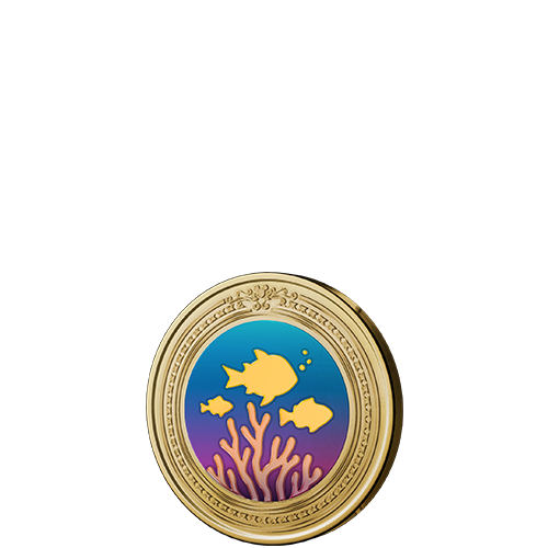 Icon featuring fish swimming above coral in a circular frame surrounded by silhouettes of characters from The Little Mermaid 