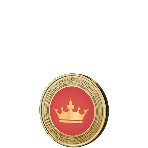 Icon featuring a crown inside a circular frame surrounded by floral accents, birds and a silhouette of a castle 