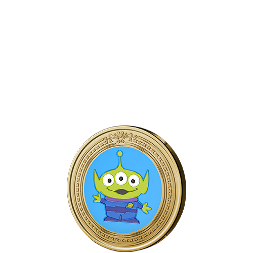 Icon of a Toy Story alien character inside a circular frame surrounded by clouds and silhouettes of Buzz Lightyear and Woody