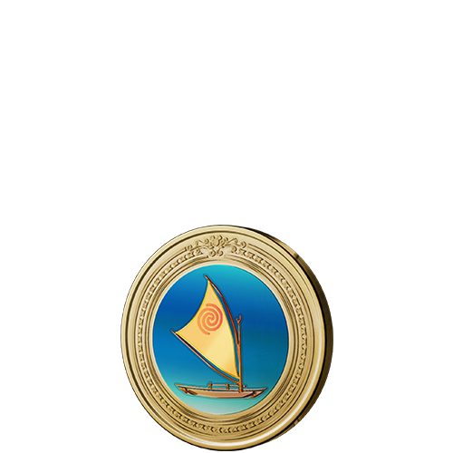 Icon featuring a Polynesian sailboat inside a circular frame, set against an island-themed background