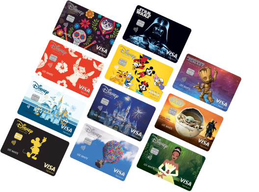 Rows of Disney Inspire Visa Cards show a variety of card design options