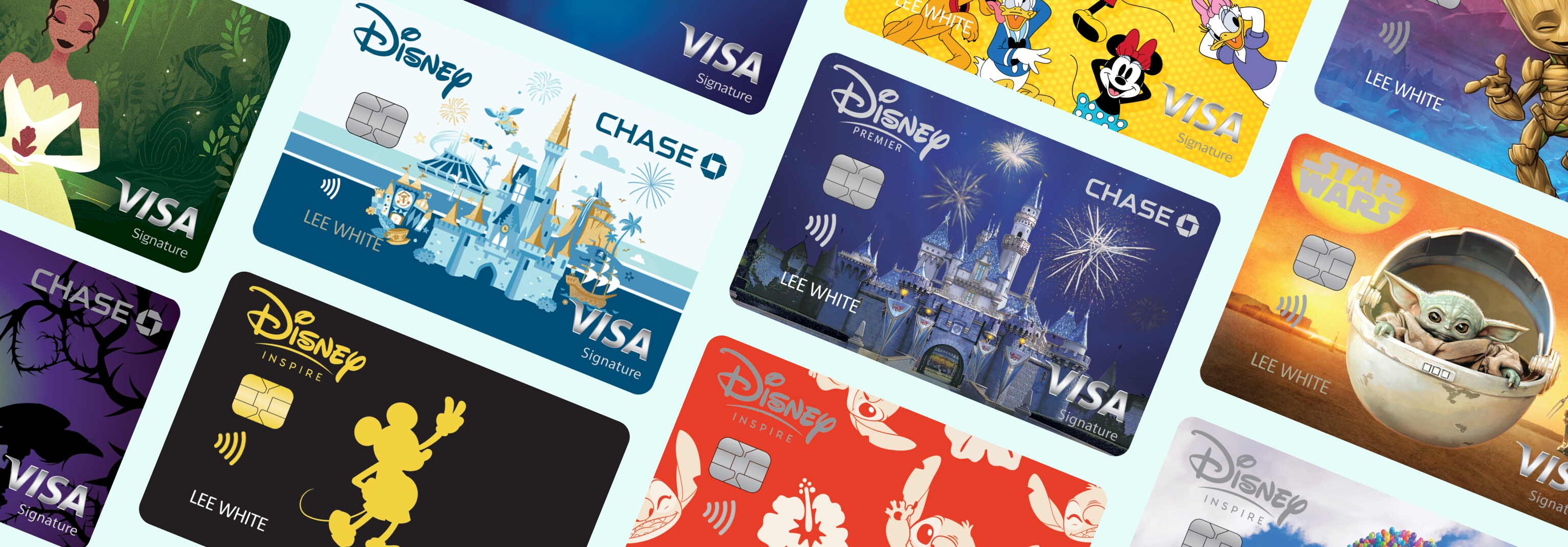 Rows of Disney Visa Cards show a variety of card design options
