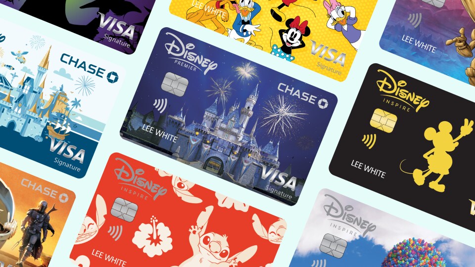 Rows of Disney Visa Cards show a variety of card design options