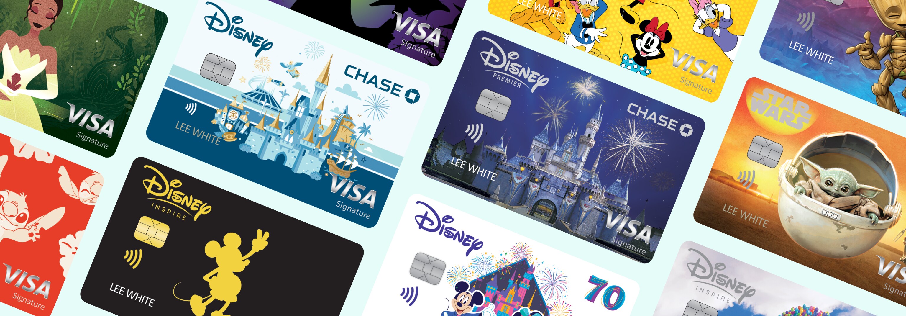 Rows of Disney Visa Cards show a variety of card design options