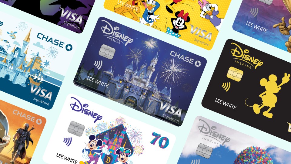 Rows of Disney Visa Cards show a variety of card design options