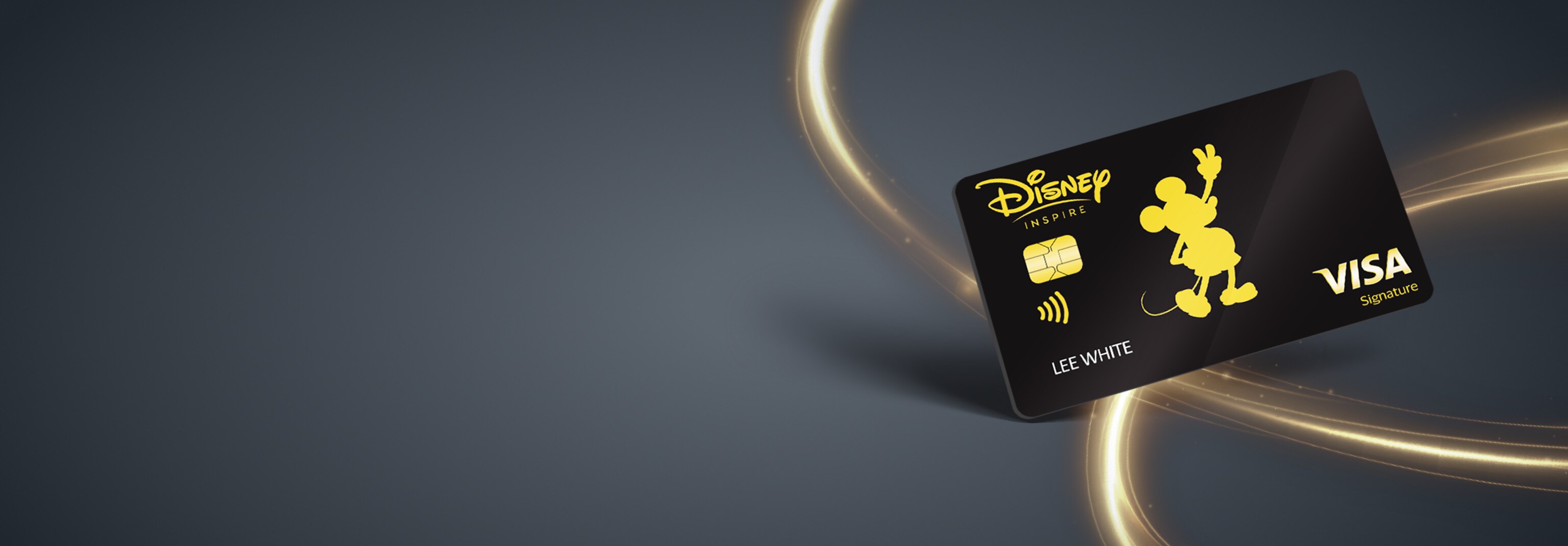 The front of a Disney Inspire Visa credit card with an Icon Mickey Mouse design