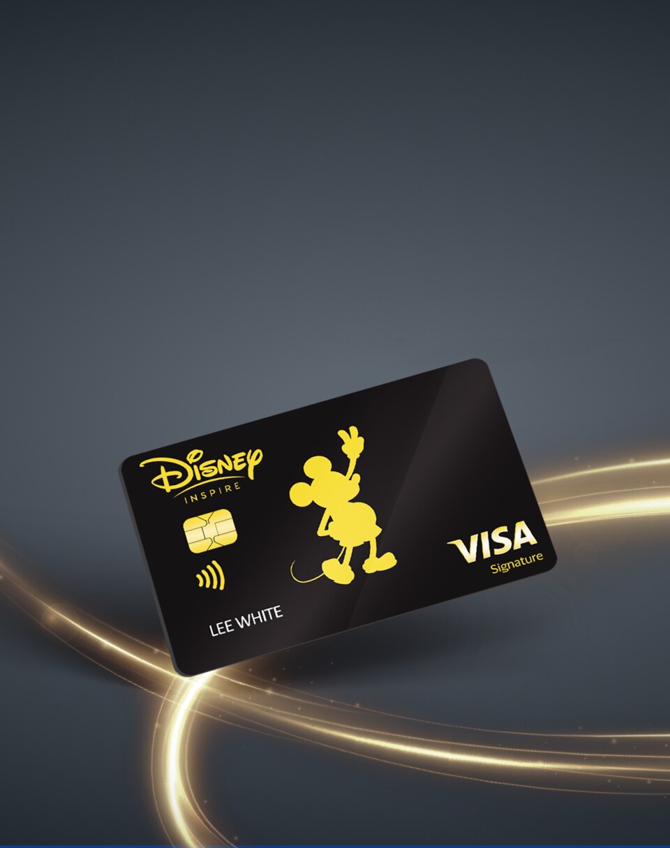 The front of a Disney Inspire Visa credit card with an Icon Mickey Mouse design