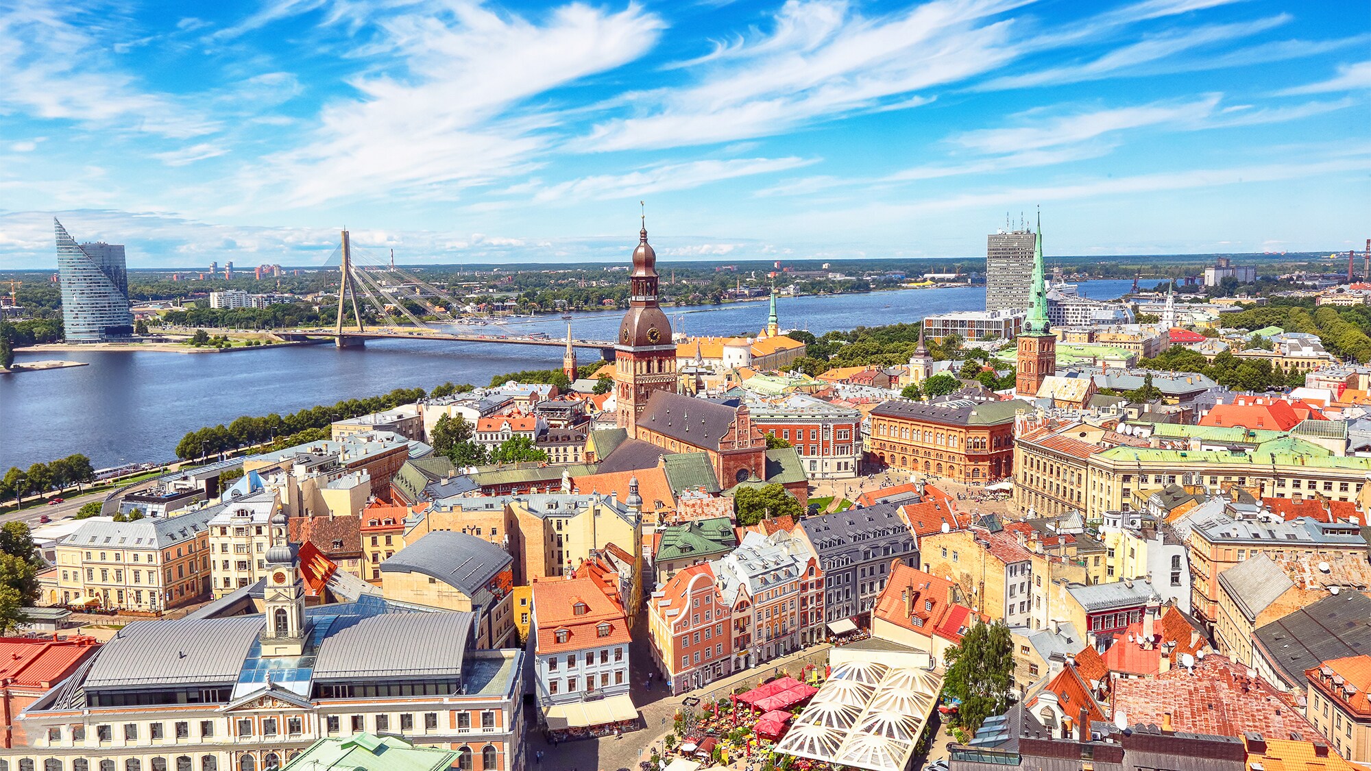 The Old Town in Riga Latvia with Riga Cathedral and a river